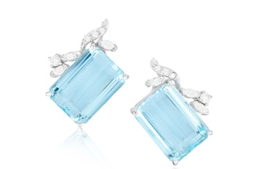A PAIR OF AQUAMARINE AND DIAMOND EARCLIPS Each set with a r...