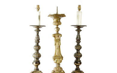 A PAIR OF BRASS ALTAR TABLE LAMPS IN BAROQUE STYLE