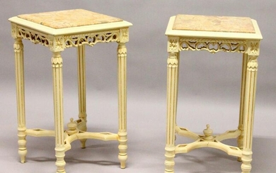 A PAIR OF CREAM PAINTED LAMP TABLES, with inset marble