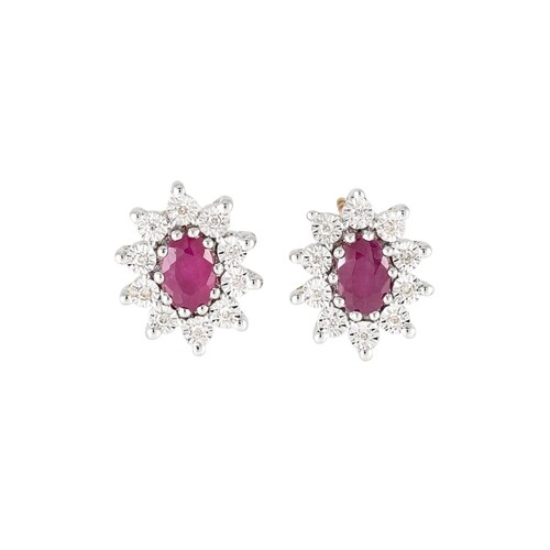 A PAIR OF DIAMOND AND RUBY CLUSTER EARRINGS, mounted in 9ct ...