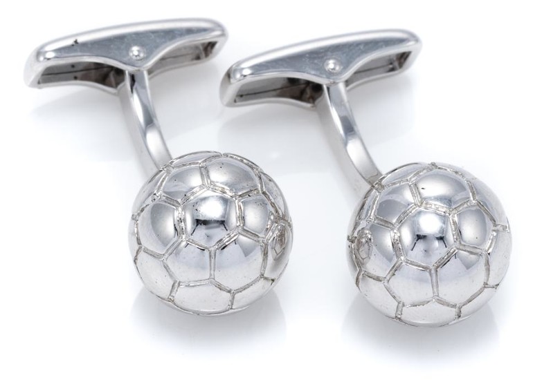 A PAIR OF DUNHILL STERLING SILVER CUFFLINKS; each in the form of a 12.8mm round football, wt. 26.56g, boxed.
