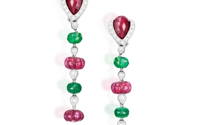A PAIR OF GEM-SET AND DIAMOND EARCLIPS, BY SABBADINI Each c...