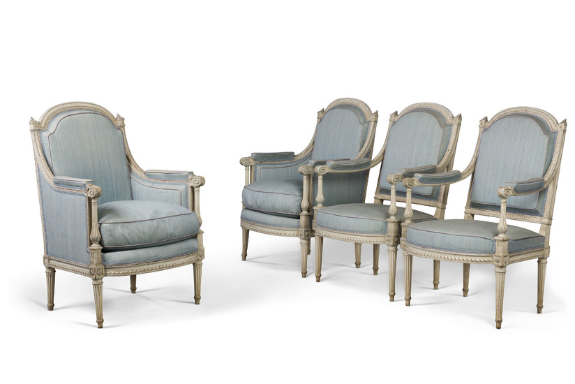A PAIR OF LOUIS XVI GREY-PAINTED BERGERES AND A PAIR OF FAUTEUILS, BY NICOLAS-DENIS DELAISEMENT, LATE 18TH CENTURY