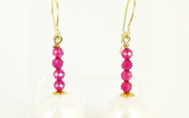 A PAIR OF PEARL AND RUBY DROP EARRINGS