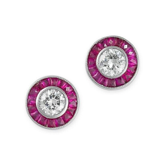 A PAIR OF RUBY AND DIAMOND TARGET EARRINGS