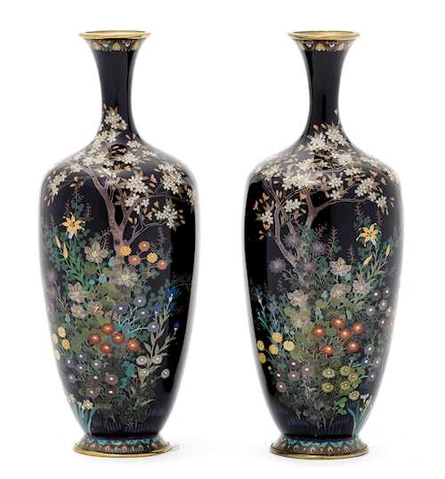 A PAIR OF SMALL CLOISONNE ENAMEL VASES.