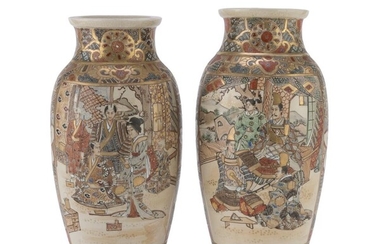 A PARI OF POLYCHROME AND GOLD ENAMELED JAPANESE CERAMIC VASES EARLY 20TH CENTURY.