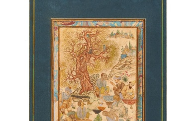 A PERSIAN MINIATURE DEPICTING A GROUP, 19TH CENTURY, QAJAR