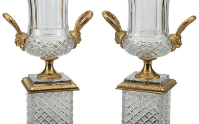 A Pair of Baccarat-Style Cut Glas Urns with Gilt Bronze Mounts on Malachite Bases
