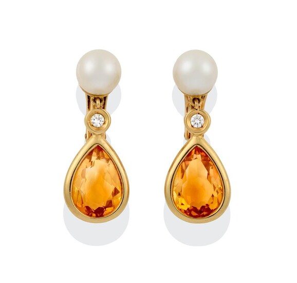 A Pair of Citrine and Cultured Pearl Drop Earrings, an...