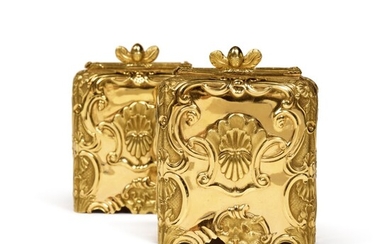A Pair of George III Silver-Gilt Tea Caddies in Fitted Chinese Export Lacquered Box, Michael Starkey, London, 1810