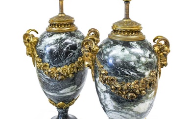 A Pair of Gilt-Metal-Mounted Green Variegated Marble Lamp Bases, in...