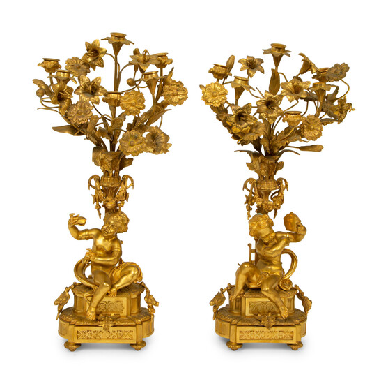 A Pair of Louis XV Style Six-Light Gilt Bronze Figural Candelabrum
