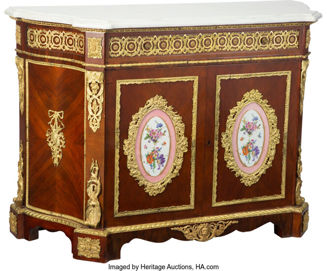 A Pair of Louis XVI-Style Gilt Bronze and Porcelain Mounted Mahogany Marble Top Commodes