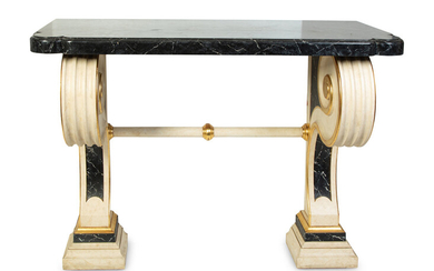 A Pair of Neoclassical Style Painted and Parcel Gilt Faux-Marble Consoles