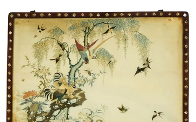 A Pair of Silk Embroidered 'Birds and Flowers' Panels With Mother-of-Pearl Inlaid Frames, Late Qing Dynasty