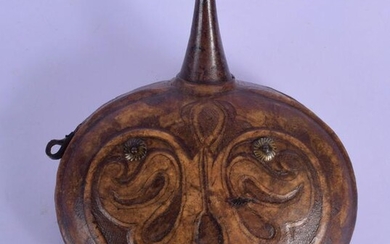 A RARE 18TH/19TH CENTURY ANIMAL HIDE MOUNTED STEEL