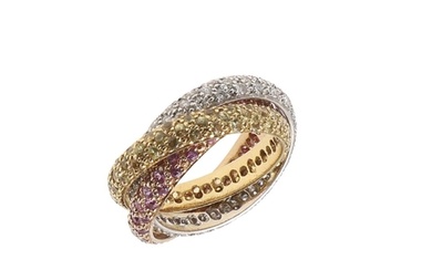 A RUBY, DIAMOND AND YELLOW SAPPHIRE TRIPLE BAND RING. formed...