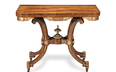 A Regency rosewood and parcel gilt 'scissor-action' card table attributed...