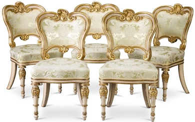A SET OF FIVE WILLIAM IV WHITE PAINTED PARCEL-GILT SIDE CHAIRS, CIRCA 1830, PROBABLY DESIGNED BY PHILIP HARDWICK AND POSSIBLY SUPPLIED BY W & C WILKINSON, LONDON