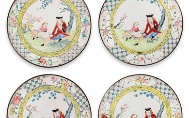 A SET OF FOUR PAINTED ENAMEL 'EUROPEAN FIGURES' SAUCER-DISHES Yongzheng/early...