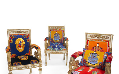 A SET OF THREE NORTH ITALIAN CREAM-PAINTED AND PARCEL-GILT ARMCHAIRS...