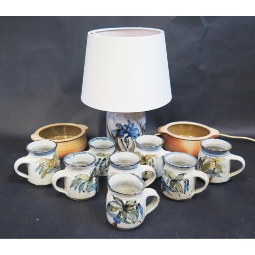 A Set of Eight Studio Pottery Mugs & Lamp By West Country Po...
