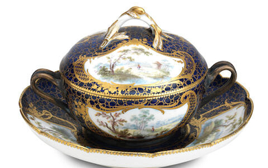 A Sevres-style blue ground ecuelle, cover and stand