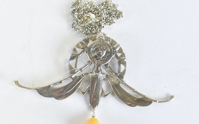 A Silver Art Nouveau Style Necklace. Stamped Sterling, Chain 45cm long, Pendant 7.4cm x 10.3ch, wei