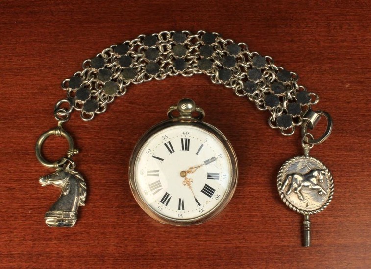 A Silver Plated Pocket Watch engraved with horses to the back and a chain link bracelet hung with eq