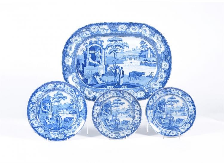 A Staffordshire blue and white printed pottery 'Philosopher' pattern meat plate