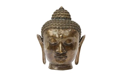 A THAI METAL ALLOY HEAD OF BUDDHA