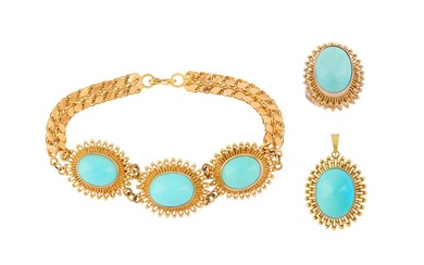 A TURQUOISE BRACELET, PENDANT AND RING SUITE