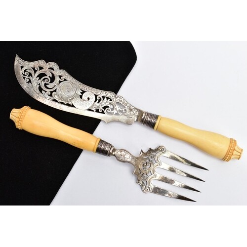 A VICTORIAN SILVER AND IVORY HANDLED FISH KNIFE AND FORK SER...