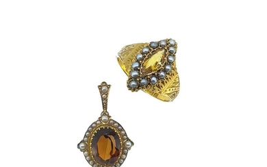 A Victorian 15ct gold citrine and seed pearl ring, together with a citrine and seed pearl pendant