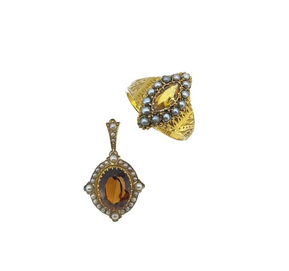 A Victorian 15ct gold citrine and seed pearl ring, together with a citrine and seed pearl pendant
