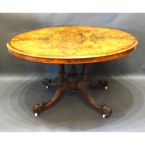A Victorian burr walnut and marquetry inlaid centre table, t...