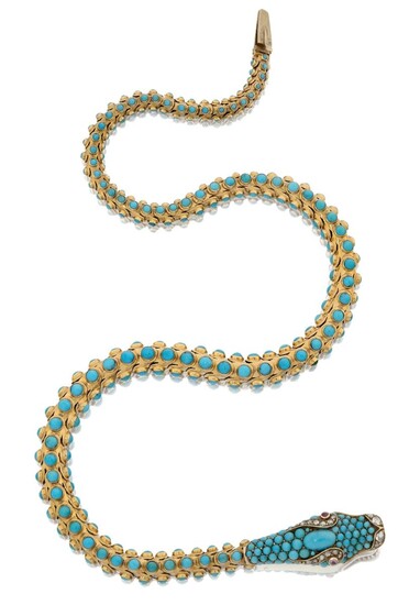A Victorian gold and turquoises snake necklace, the graduated articulated body set with three rows of turquoise collets, the pave turquoise head clasp set with faceted ruby eyes, rose-cut diamond eye detail and snout, c.1845, approx. length 36.5cm...