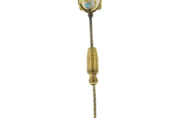 A Victorian white chalcedony and turquoise stickpin.