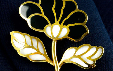 A black jade and mother-of-pearl floral brooch, by Tiffany & Co.