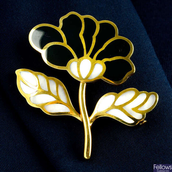 A black jade and mother-of-pearl floral brooch, by Tiffany & Co.