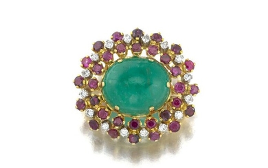 A cabochon emerald, ruby and diamond enhancer