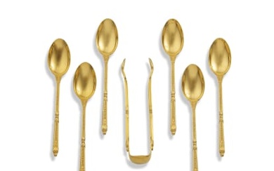 A cased set of French silver-gilt sugar tongs and six espresso spoons, early 20th century