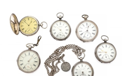 A collection of six American and Swiss silver pocket watches. 19th century. Weight 80–106 g. Casediam. 49–54 mm. (7)