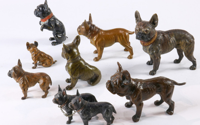 A continental patinated sculpture group of French Bulldogs