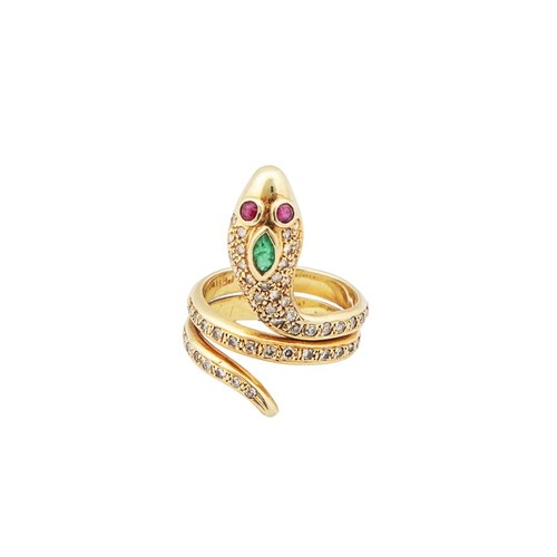 A diamond, ruby and emerald yellow metal serpent dress ring ...