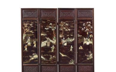 A four-panel 'tielimu' hardstone-inlaid lacquer 'scholars' screen, Late Qing dynasty | 清末 鐵力木嵌寶高士圖四扇屏風