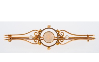 A gold and opal bar brooch C1900, central cabochon open in 1...