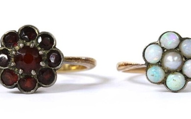 A gold and silver, split pearl and opal cluster ring