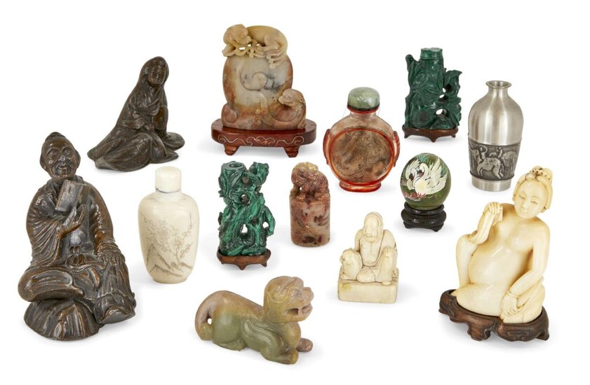 A group of Chinese and Japanese items, 18th - early 20th century, to include two malachite carvings with fitted stands, two Japanese bronze figures, a Chinese ivory doctor's doll with fitted stand, an inside painted snuff bottle with hardstone...